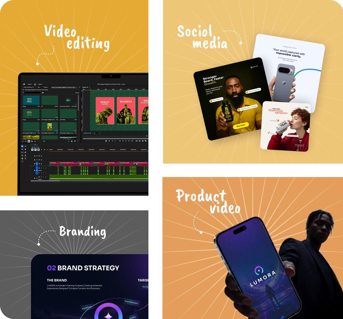 Zasya Media work samples — a video editing timeline, social media creatives, a brand strategy deck and a product video still