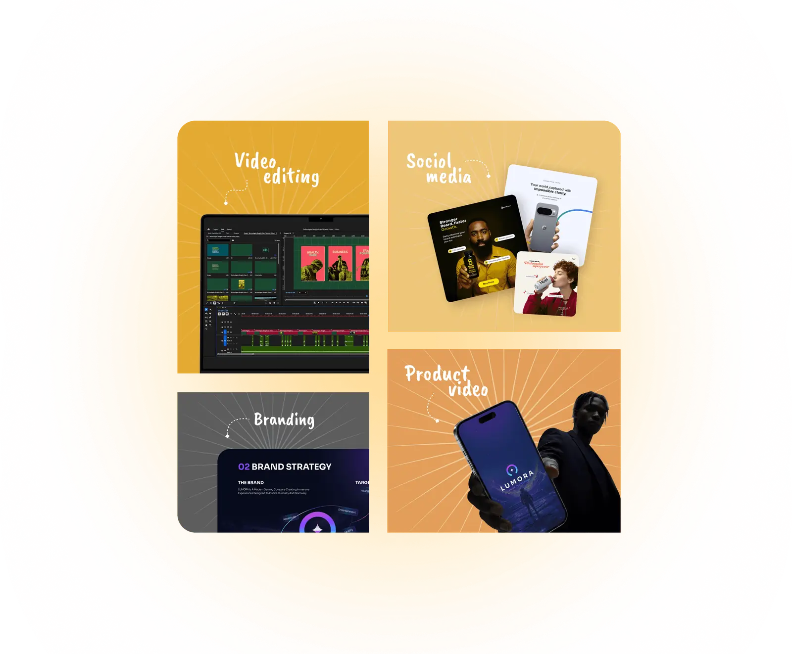 Zasya Media work samples — a video editing timeline, social media creatives, a brand strategy deck and a product video still