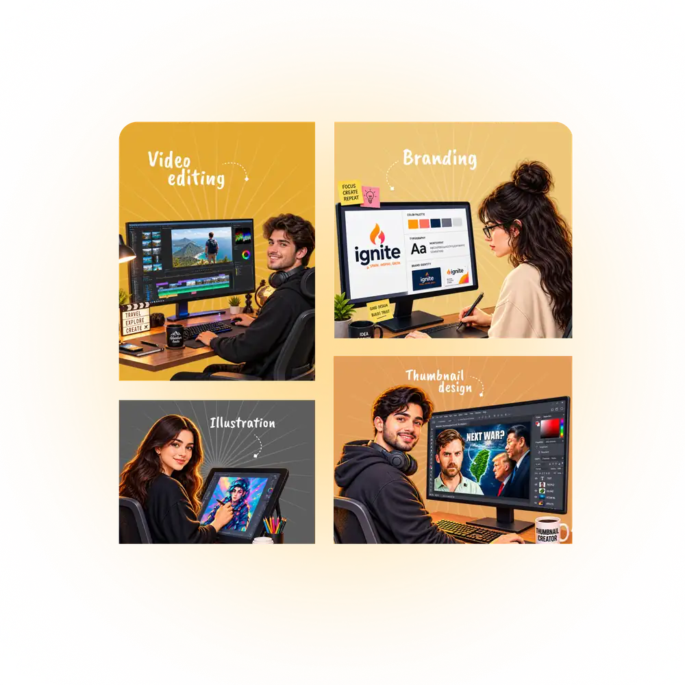 Four panels of an embedded team at work — a video editor at a timeline, a designer building a brand system, an illustrator at a drawing tablet, and a thumbnail designer in Photoshop