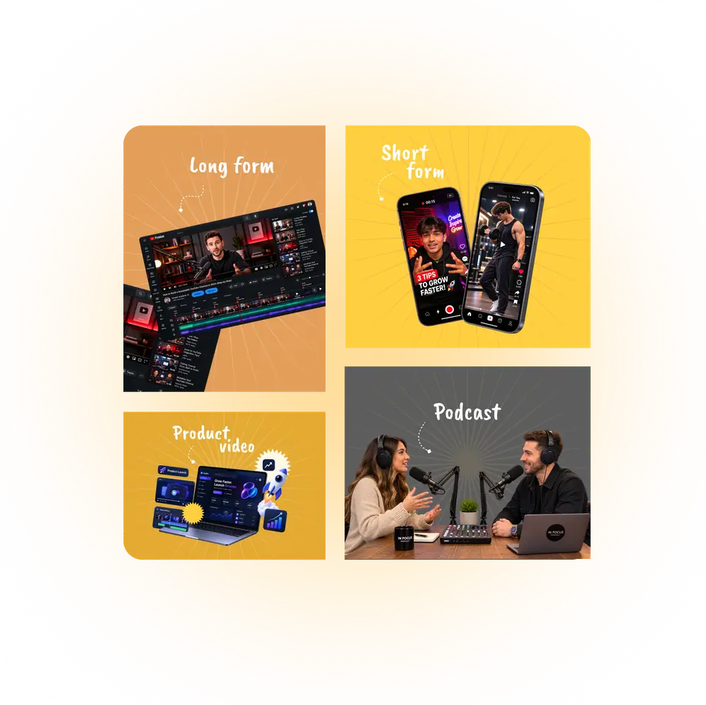 Four panels of video work — a long-form YouTube edit in progress, vertical short-form cuts on two phones, a product video dashboard, and a two-camera podcast recording