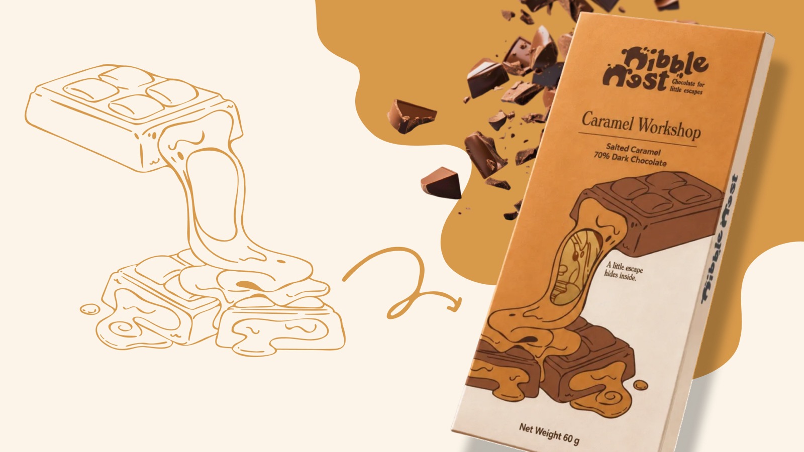 The Caramel Workshop carton beside falling chocolate pieces, with the uncoloured line drawing of a melting bar and caramel pour alongside it.