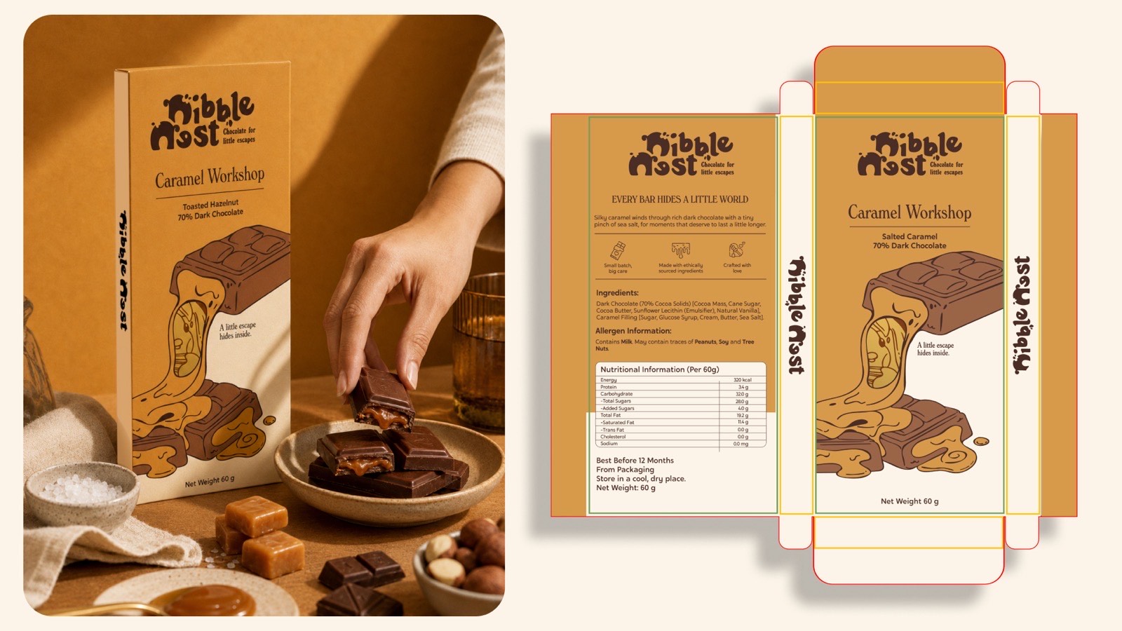 A styled shot of the Caramel Workshop carton with salt and caramels, beside its unfolded dieline carrying the ingredients, allergen and nutrition panels.