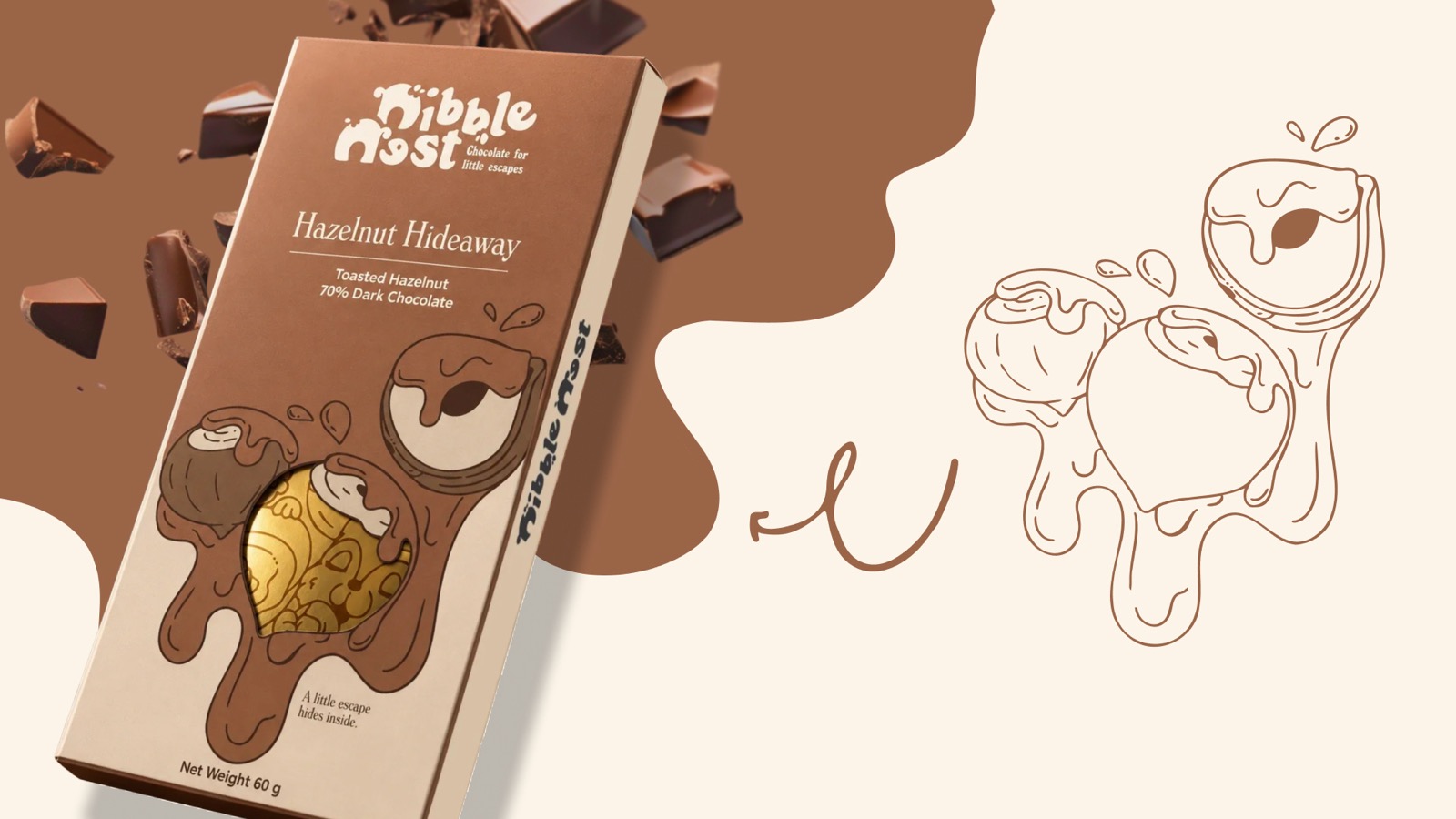 The Hazelnut Hideaway carton tilted against a brown field, its die-cut window showing the gold inner wrapper through the drawn chocolate drip, with the uncoloured line version of the same scene at the right.