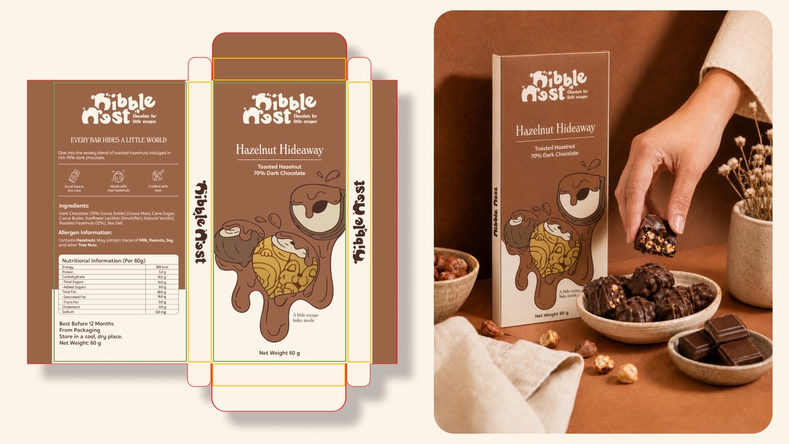An unfolded Hazelnut Hideaway carton dieline with cut and bleed rules, ingredients, allergen warnings and a nutrition table, beside a styled photograph of the folded pack with a hand lifting a chocolate from a dish.