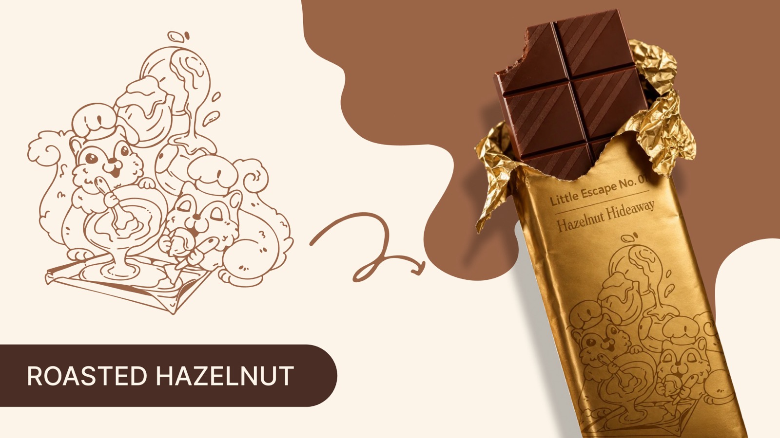 A gold foil bar reading Little Escape No. 01, Hazelnut Hideaway, half unwrapped over dark chocolate, beside the line drawing of squirrels stirring chocolate that is printed on it.
