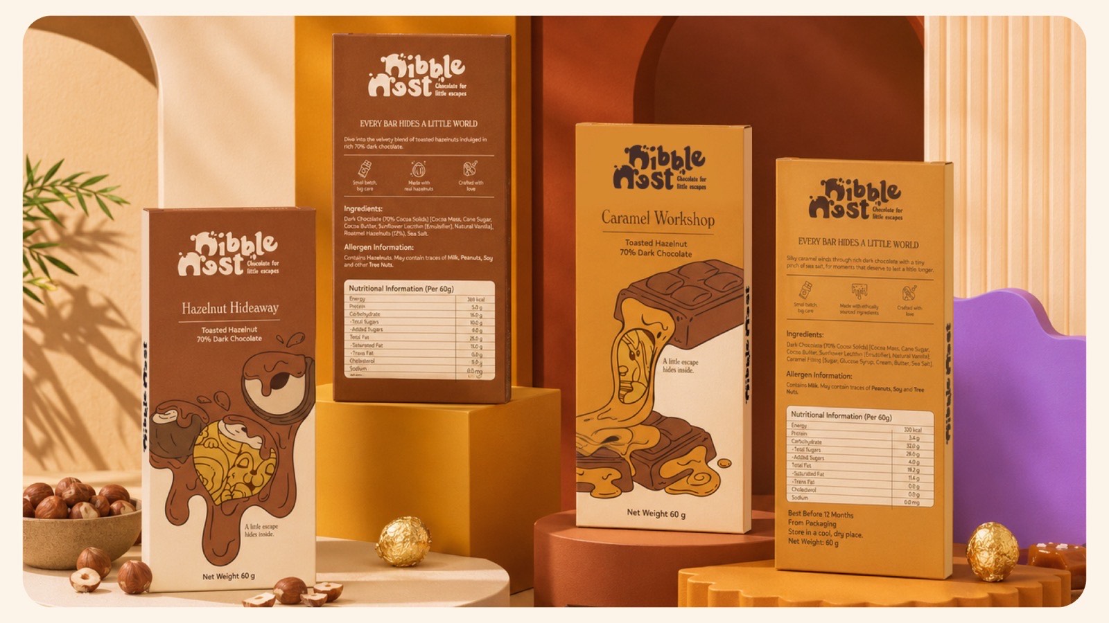Four Nibble Nest cartons stand at staggered heights on cream, yellow and terracotta plinths against a warm backdrop, with hazelnuts and foil-wrapped chocolates at their base.