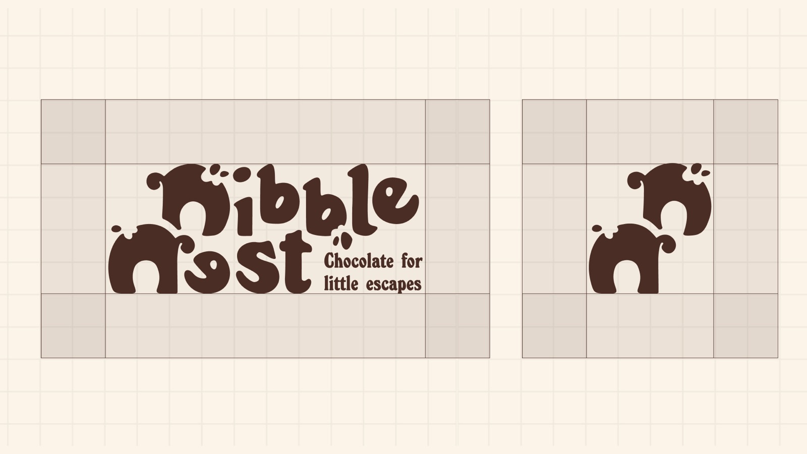 Two panels on a cream grid: the full Nibble Nest lockup with its descriptor at the left, and the standalone monogram at the right, each boxed by its clear-space margin.
