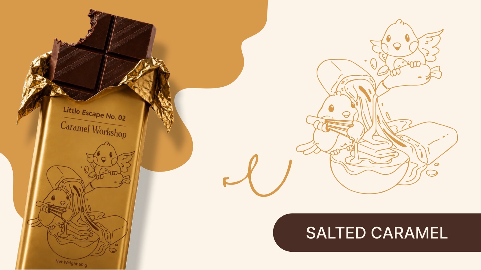 A gold foil bar reading “Little Escape No. 02, Caramel Workshop” lies half-unwrapped beside the uncoloured line drawing printed on it, of a bird and a squirrel pouring caramel over a bowl.